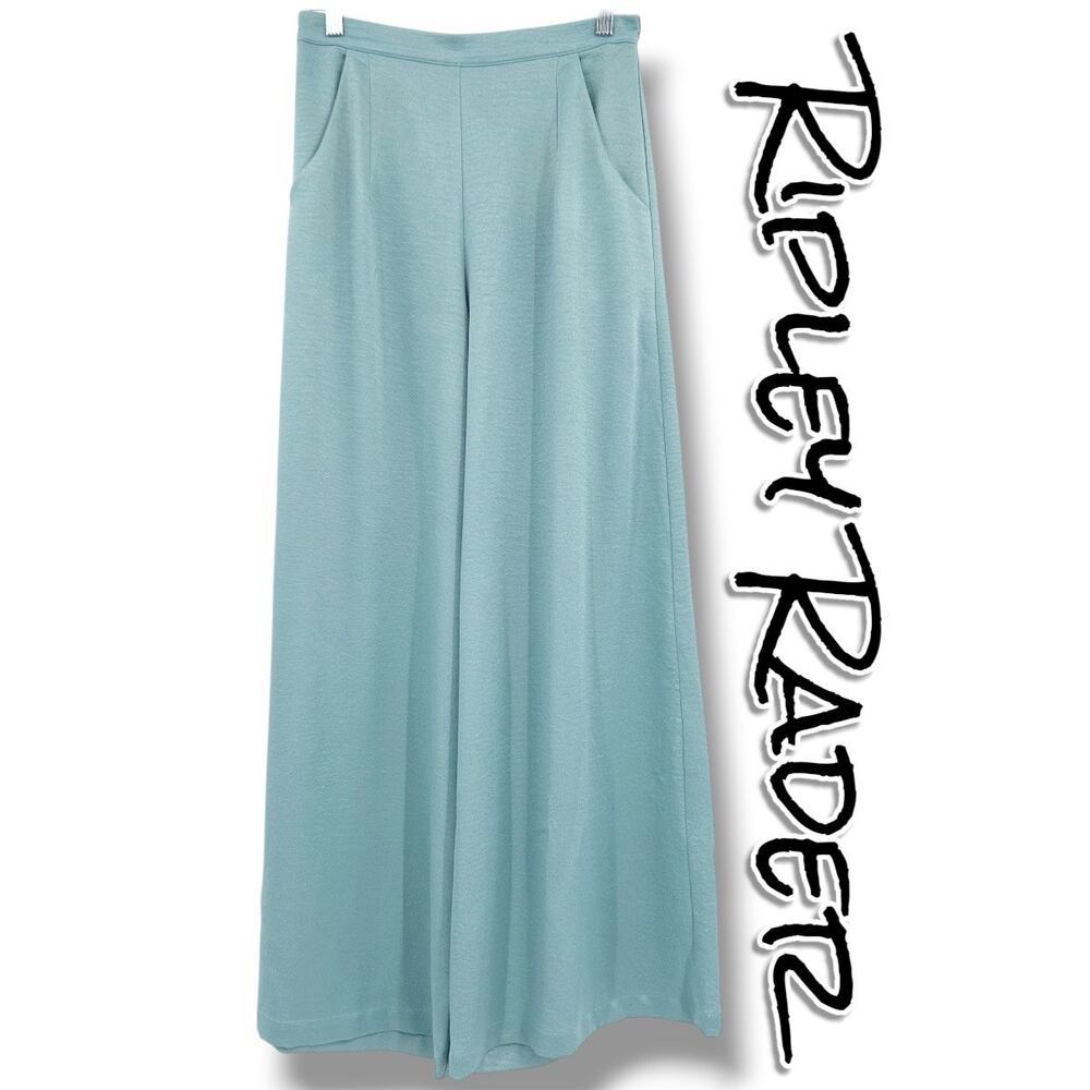 Ripley Rader Satin Wide Leg Pants Aqua Blue High Waist Flowy Sz 2 Quiet Luxury
